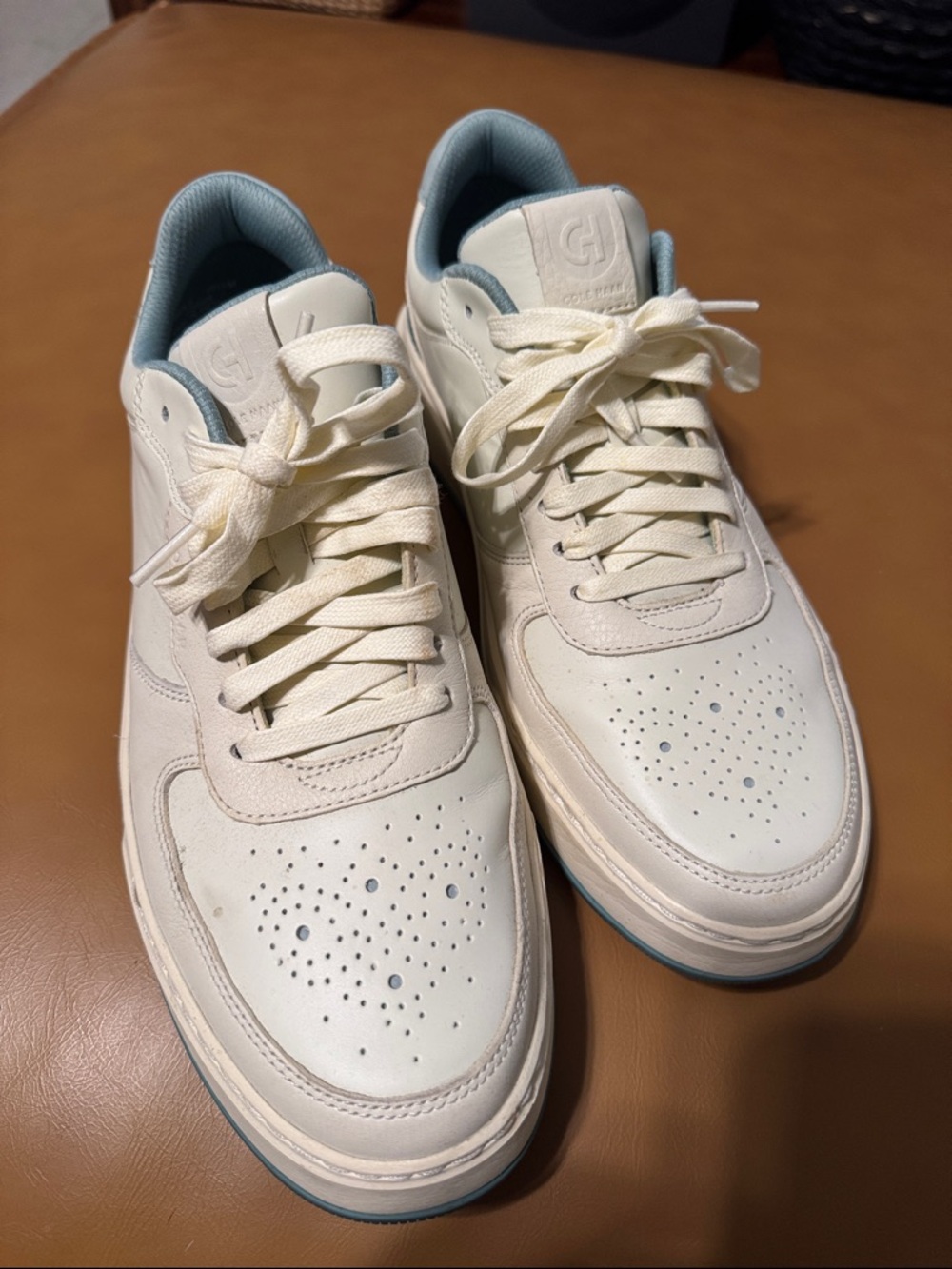 Cole Haan Grand-series Cream Leather Sneakers with Light Blue Accents